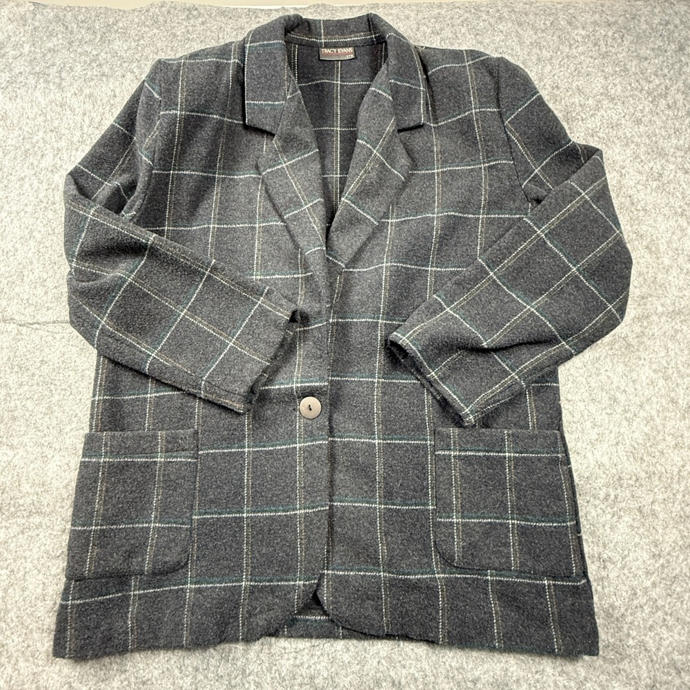 Tracy Evans Womens Large Wool Blend Windowpane Plaid Blazer Grey Made in USA